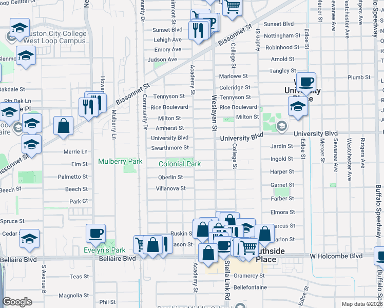 map of restaurants, bars, coffee shops, grocery stores, and more near 4111 Swarthmore Street in Houston