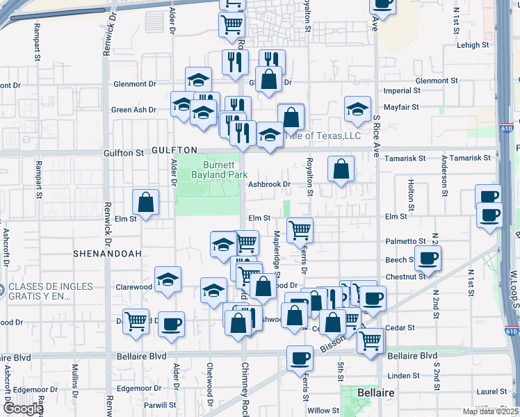 map of restaurants, bars, coffee shops, grocery stores, and more near 5422 Elm Street in Houston
