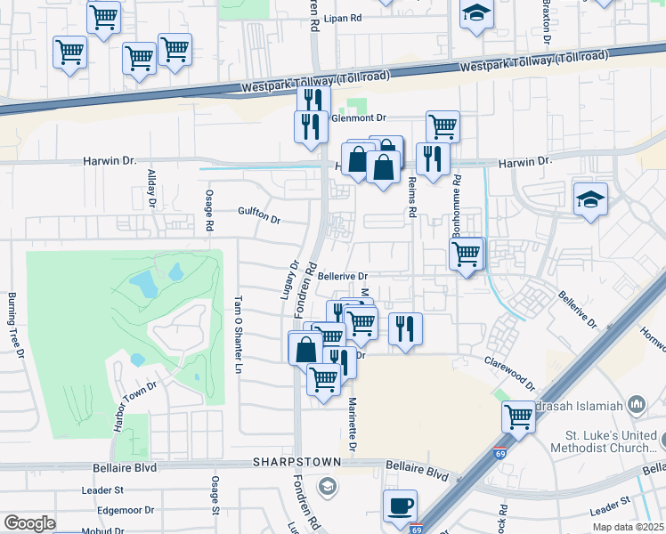 map of restaurants, bars, coffee shops, grocery stores, and more near 6045 Fondren Road in Houston