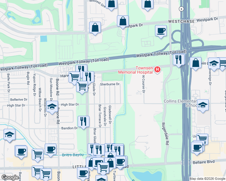 map of restaurants, bars, coffee shops, grocery stores, and more near 6119 Gladewell Drive in Houston