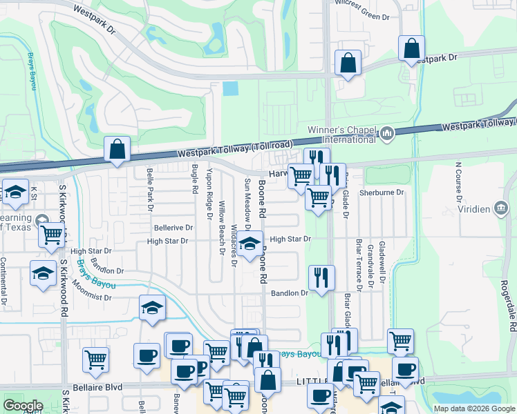 map of restaurants, bars, coffee shops, grocery stores, and more near 11135 Bellspring Drive in Houston