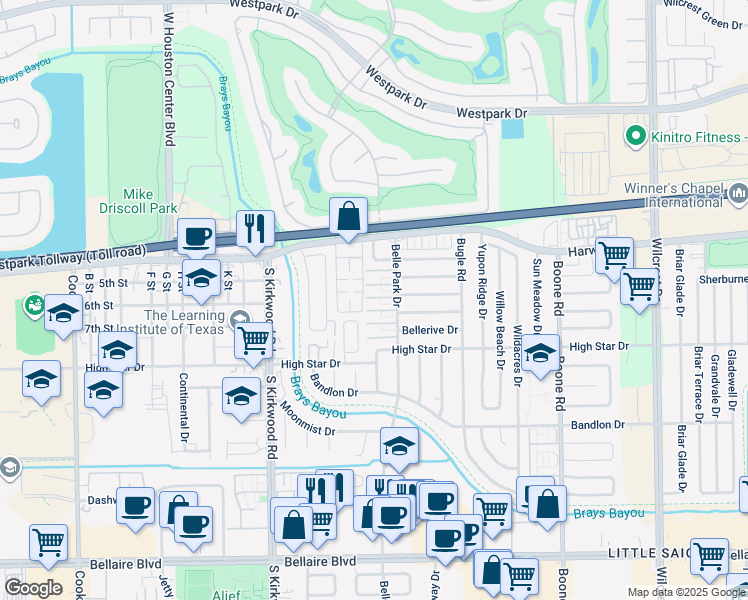 map of restaurants, bars, coffee shops, grocery stores, and more near 4060 Belle Park Drive in Houston