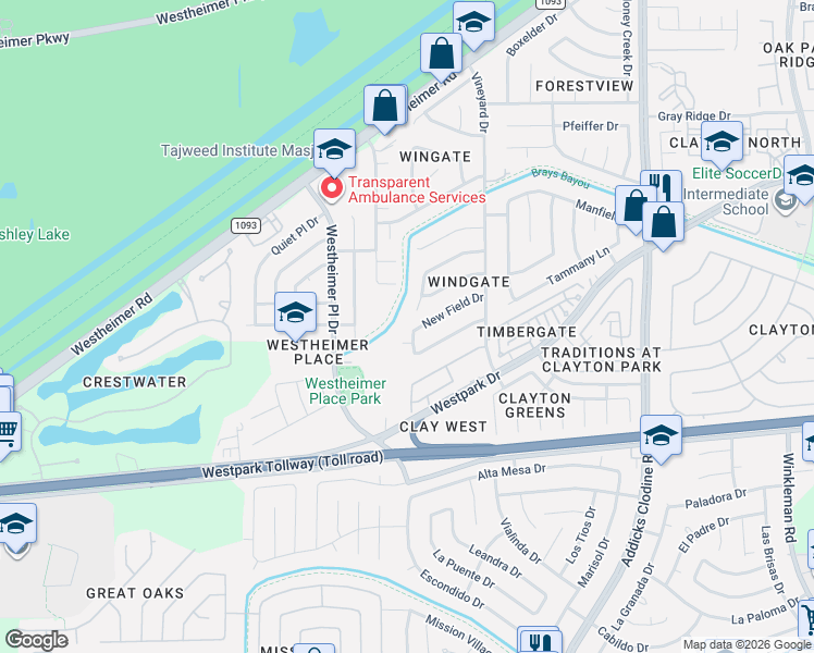 map of restaurants, bars, coffee shops, grocery stores, and more near 16246 New Field Drive in Houston