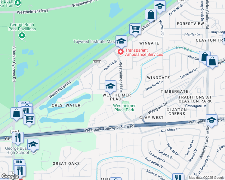 map of restaurants, bars, coffee shops, grocery stores, and more near 16406 Kensley Drive in Houston