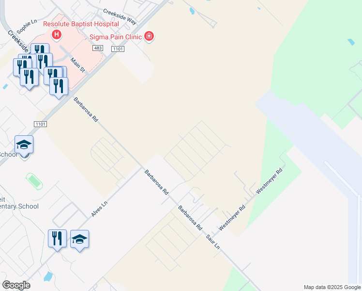 map of restaurants, bars, coffee shops, grocery stores, and more near 1010 Barbarosa Road in New Braunfels
