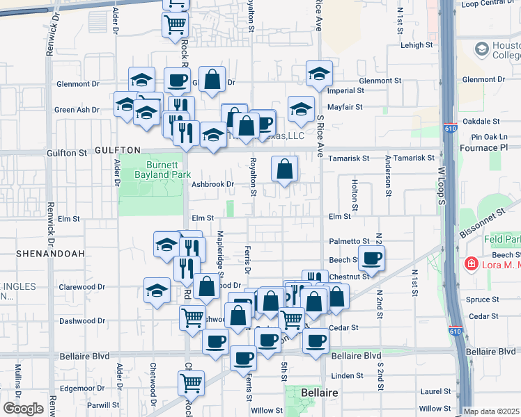 map of restaurants, bars, coffee shops, grocery stores, and more near 6211 Royalton St in Houston