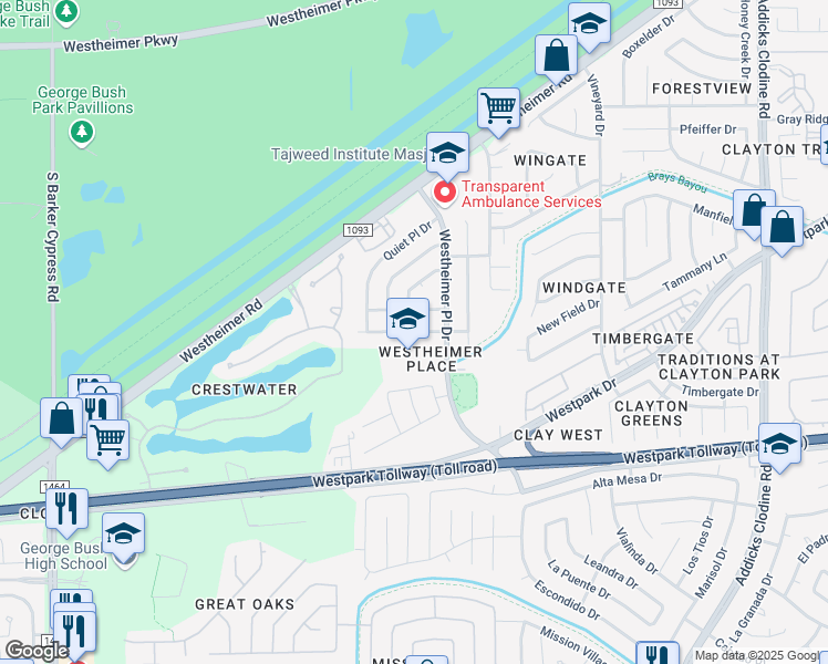 map of restaurants, bars, coffee shops, grocery stores, and more near 16305 Kensley Drive in Houston