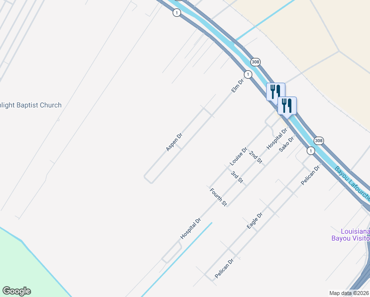 map of restaurants, bars, coffee shops, grocery stores, and more near 233 Elm Drive in Raceland