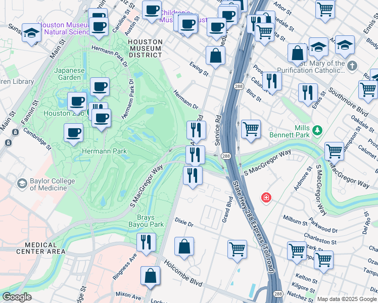 map of restaurants, bars, coffee shops, grocery stores, and more near 38 Almeda Road in Houston