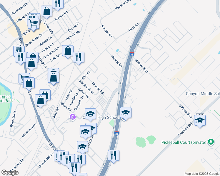 map of restaurants, bars, coffee shops, grocery stores, and more near 1565 N Business IH-35 in New Braunfels