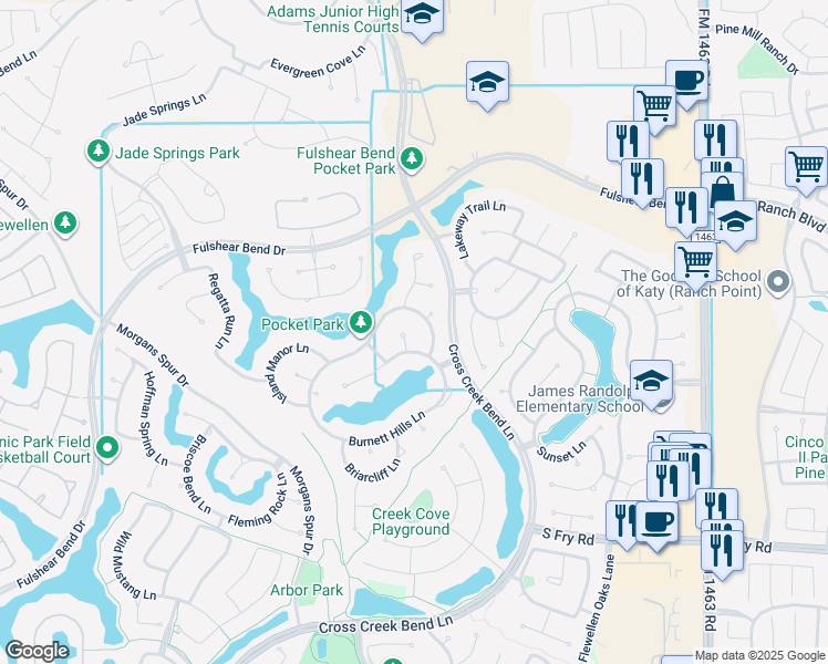 map of restaurants, bars, coffee shops, grocery stores, and more near 5107 Junction Cliff Court in Fulshear