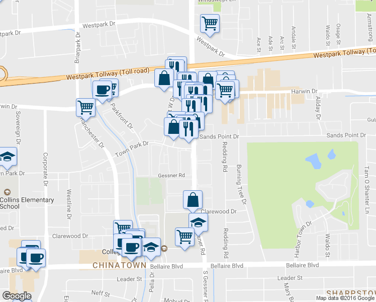 map of restaurants, bars, coffee shops, grocery stores, and more near 53 South Gessner Road in Houston
