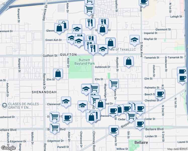 map of restaurants, bars, coffee shops, grocery stores, and more near 6219 Chimney Rock Road in Houston