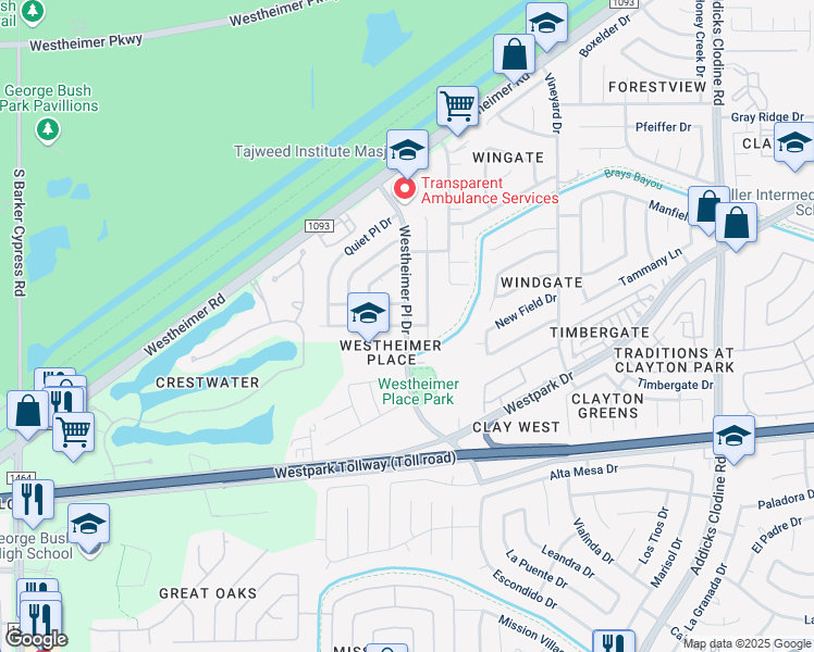 map of restaurants, bars, coffee shops, grocery stores, and more near Westheimer Place Drive in Houston