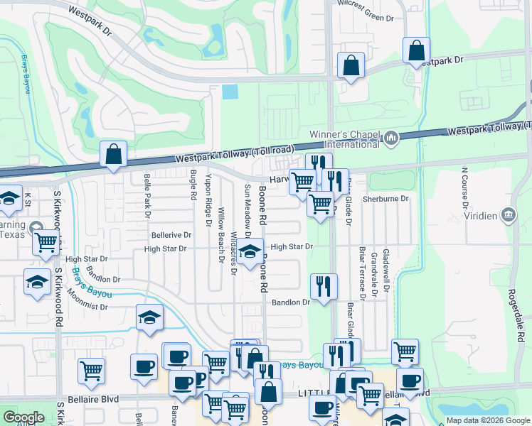 map of restaurants, bars, coffee shops, grocery stores, and more near 11135 Bellspring Drive in Houston