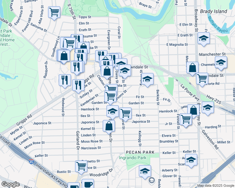 map of restaurants, bars, coffee shops, grocery stores, and more near 7226 Eden Street in Houston