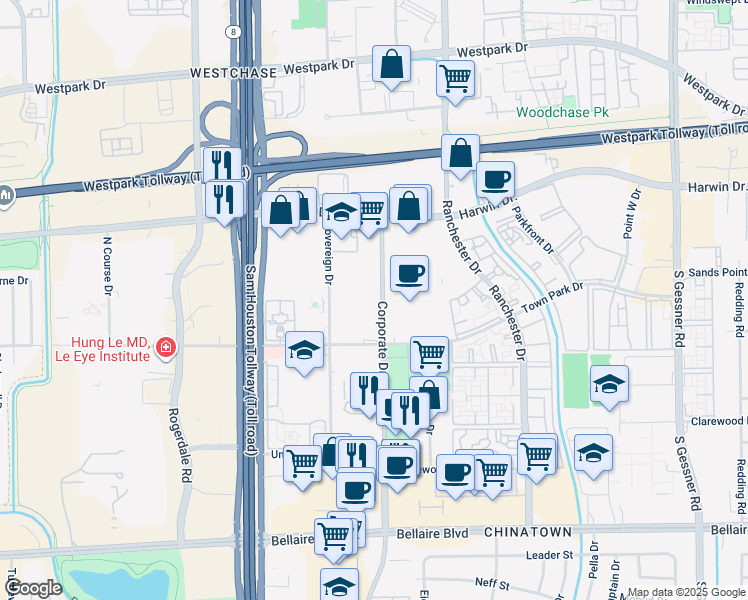 map of restaurants, bars, coffee shops, grocery stores, and more near 5993 Corporate Drive in Houston