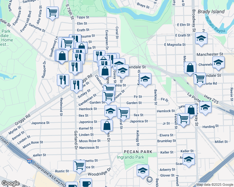 map of restaurants, bars, coffee shops, grocery stores, and more near 7226 Eden Street in Houston