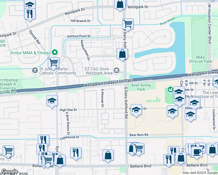 map of restaurants, bars, coffee shops, grocery stores, and more near 12818 Harwin Drive in Houston