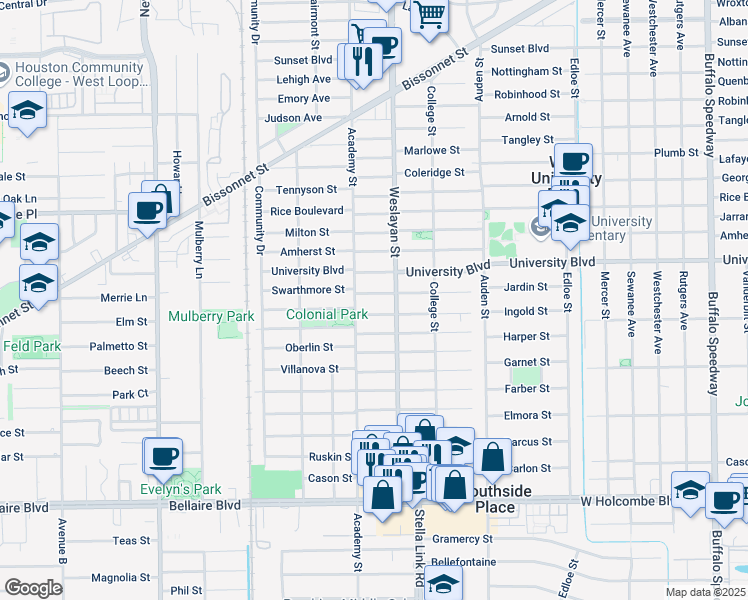 map of restaurants, bars, coffee shops, grocery stores, and more near 4023 Swarthmore Street in Houston