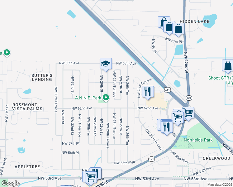 map of restaurants, bars, coffee shops, grocery stores, and more near 6415 Northwest 27th Terrace in Gainesville