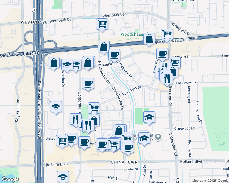 map of restaurants, bars, coffee shops, grocery stores, and more near 116 Ranchester Drive in Houston