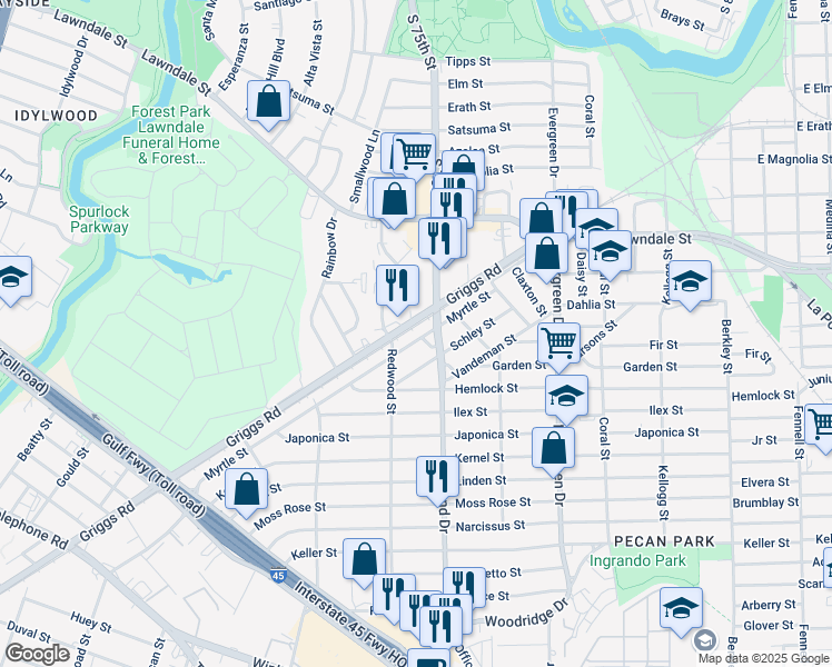 map of restaurants, bars, coffee shops, grocery stores, and more near 7002 Myrtle Street in Houston