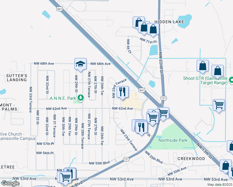 map of restaurants, bars, coffee shops, grocery stores, and more near 2331 Northwest 64th Place in Gainesville