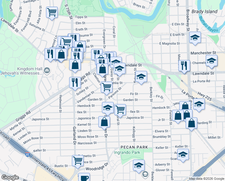 map of restaurants, bars, coffee shops, grocery stores, and more near 7226 Eden Street in Houston