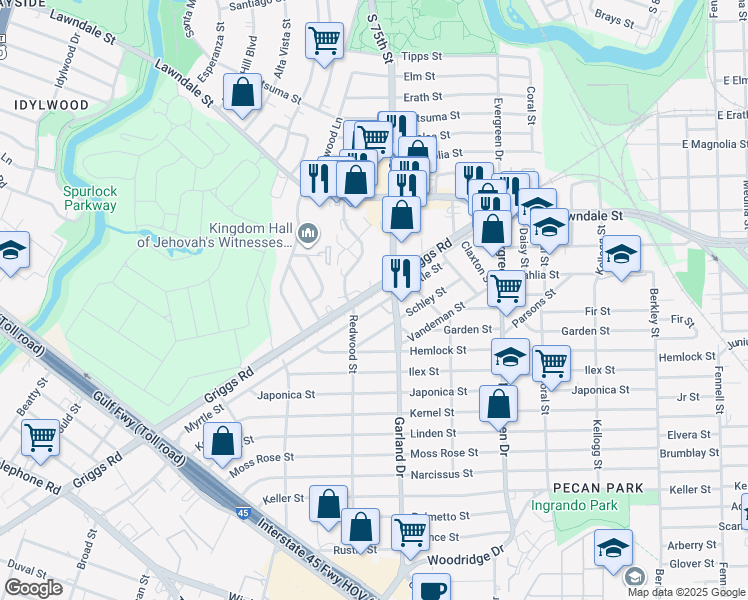 map of restaurants, bars, coffee shops, grocery stores, and more near 7002 Myrtle Street in Houston