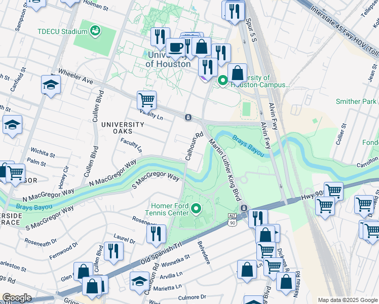 map of restaurants, bars, coffee shops, grocery stores, and more near 5048 Calhoun Road in Houston