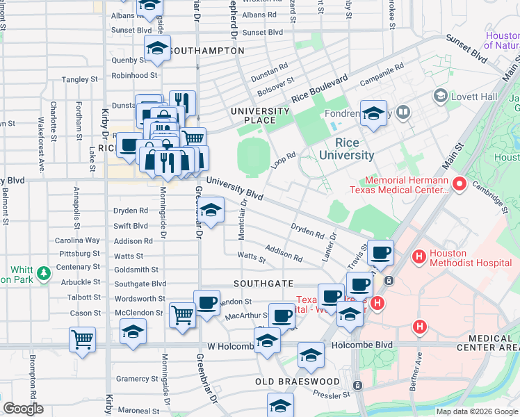 map of restaurants, bars, coffee shops, grocery stores, and more near 2160 Dryden Road in Houston