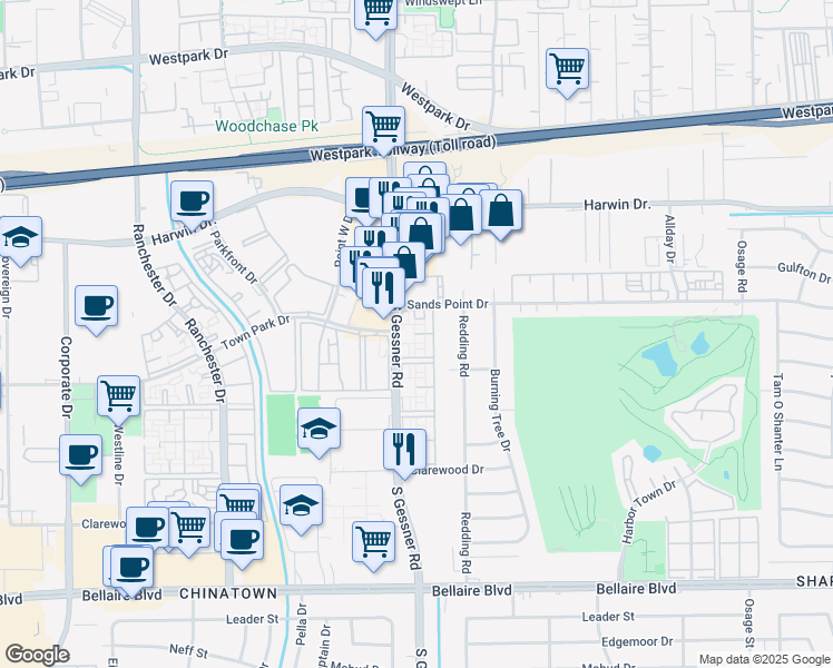 map of restaurants, bars, coffee shops, grocery stores, and more near 6005 South Gessner Road in Houston
