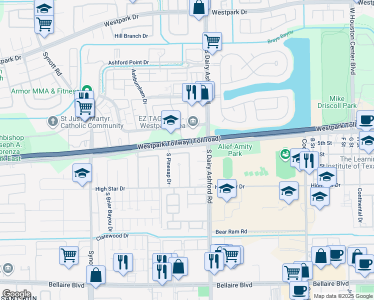 map of restaurants, bars, coffee shops, grocery stores, and more near 12818 Harwin Drive in Houston