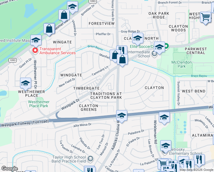 map of restaurants, bars, coffee shops, grocery stores, and more near 3827 West Traditions Court in Houston