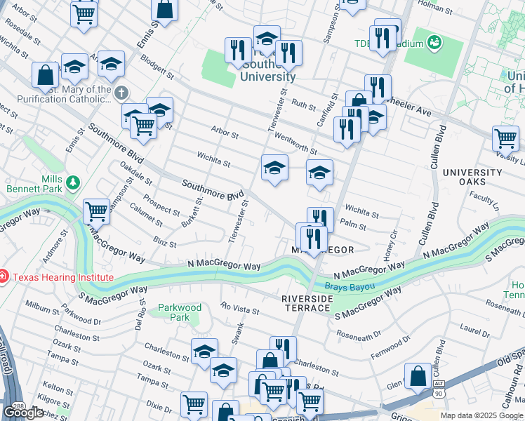 map of restaurants, bars, coffee shops, grocery stores, and more near 3524 Southmore Boulevard in Houston