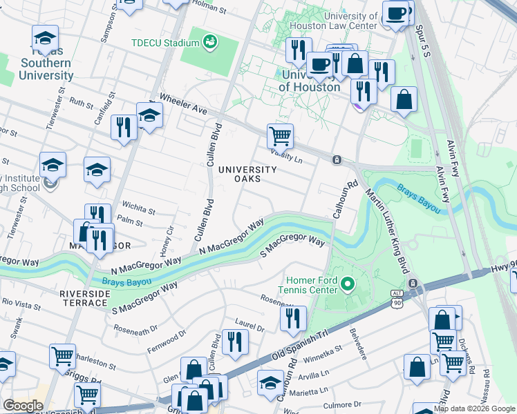 map of restaurants, bars, coffee shops, grocery stores, and more near 4369 Graduate Circle in Houston