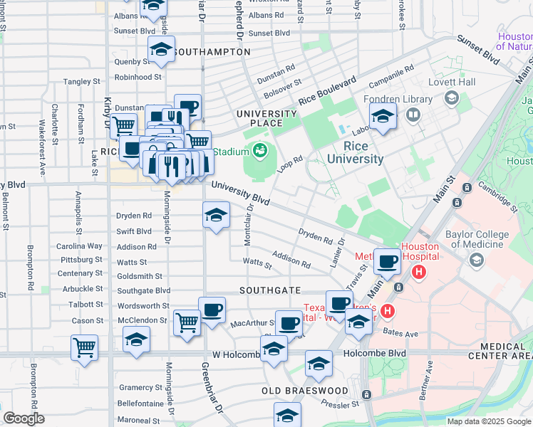 map of restaurants, bars, coffee shops, grocery stores, and more near 2160 Dryden Road in Houston
