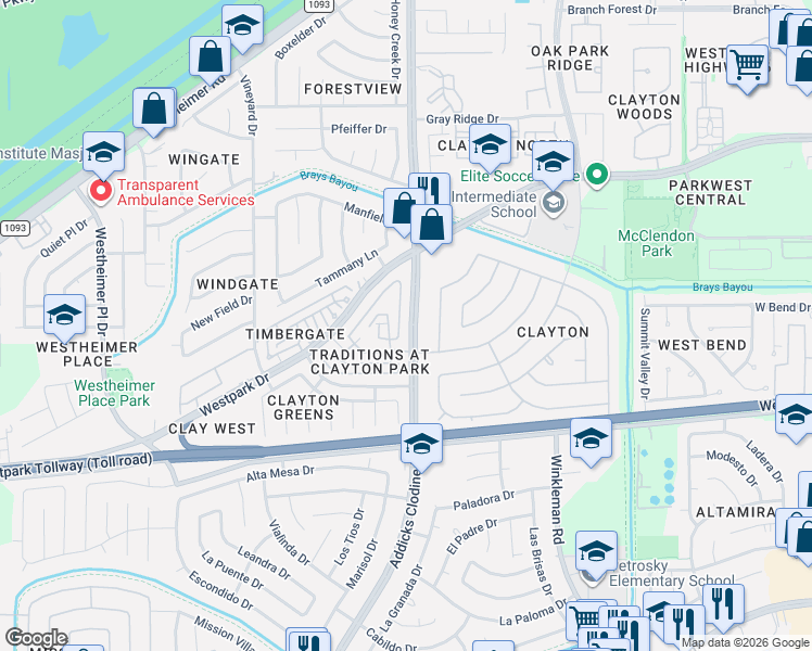 map of restaurants, bars, coffee shops, grocery stores, and more near 3818 East Traditions Court in Houston