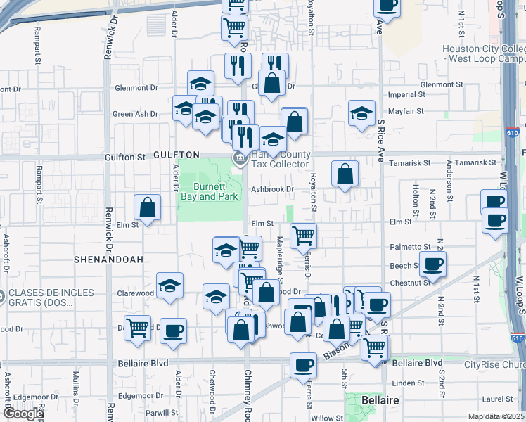 map of restaurants, bars, coffee shops, grocery stores, and more near 5414 Elm Street in Houston