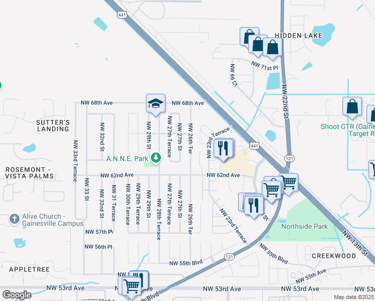map of restaurants, bars, coffee shops, grocery stores, and more near 6418 Northwest 26th Terrace in Gainesville