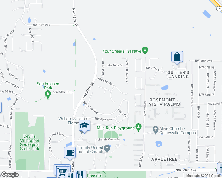 map of restaurants, bars, coffee shops, grocery stores, and more near 3952 Northwest 64th Place in Gainesville