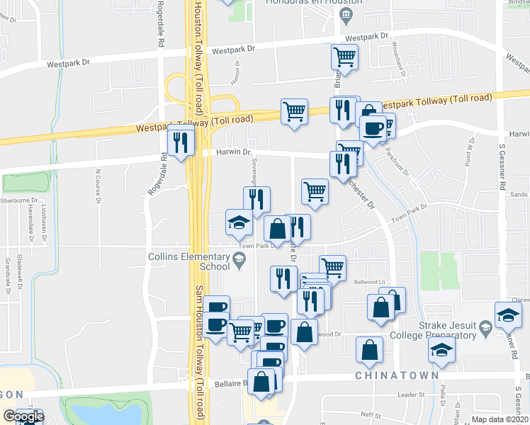 map of restaurants, bars, coffee shops, grocery stores, and more near 5905 Sovereign Drive in Houston