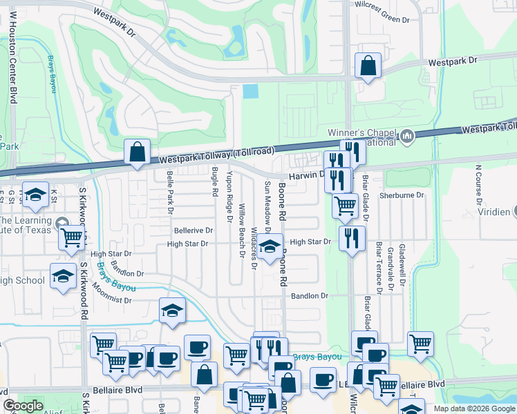 map of restaurants, bars, coffee shops, grocery stores, and more near 4211 Wildacres Drive in Houston