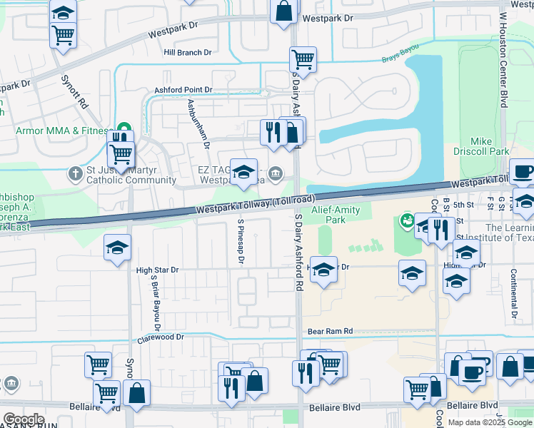 map of restaurants, bars, coffee shops, grocery stores, and more near 12818 Harwin Drive in Houston