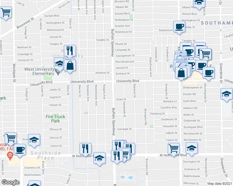 map of restaurants, bars, coffee shops, grocery stores, and more near 6333 Buffalo Speedway in Houston
