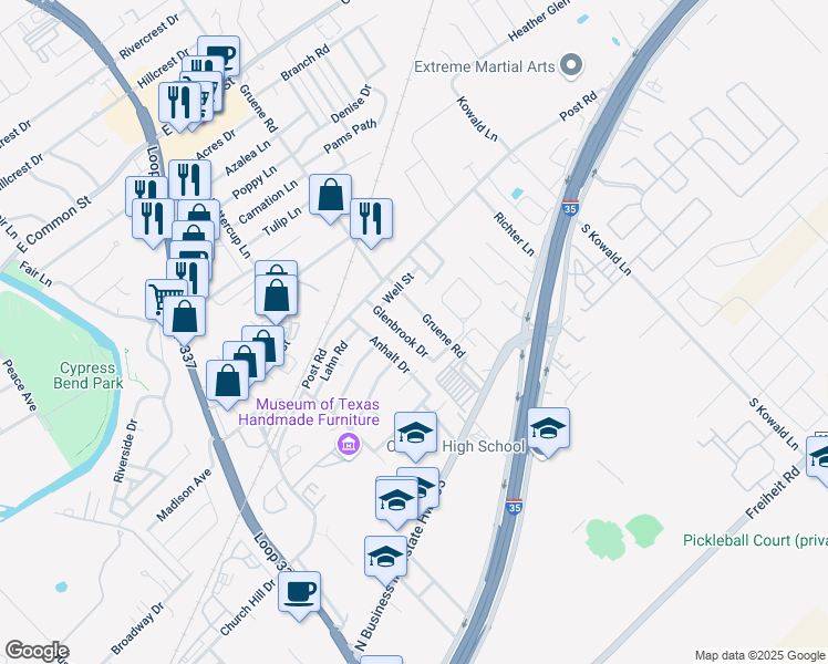 map of restaurants, bars, coffee shops, grocery stores, and more near 240 Glenbrook Drive in New Braunfels