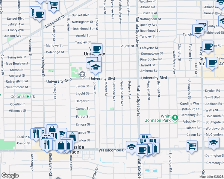 map of restaurants, bars, coffee shops, grocery stores, and more near 6336 Sewanee Avenue in Houston