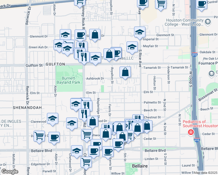 map of restaurants, bars, coffee shops, grocery stores, and more near 6211 Royalton St in Houston
