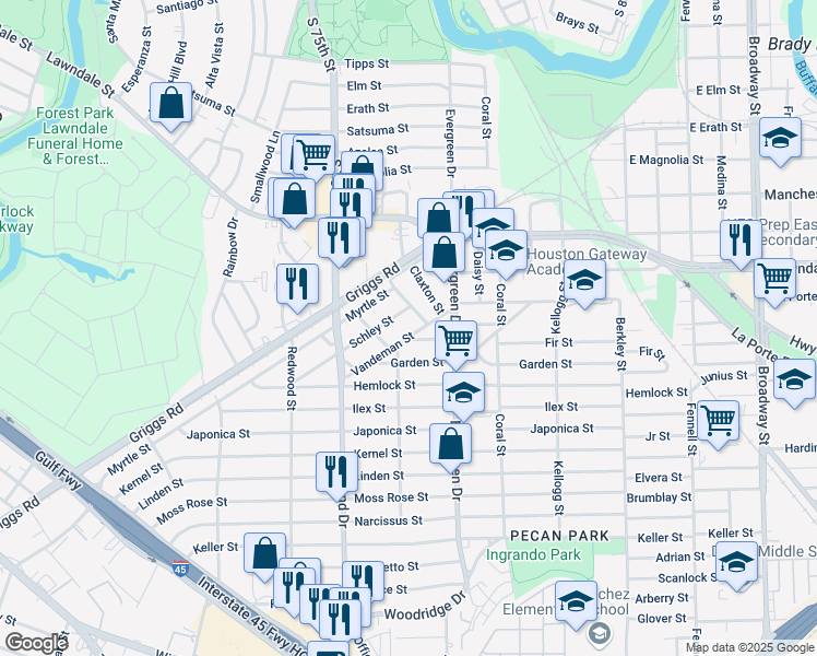 map of restaurants, bars, coffee shops, grocery stores, and more near 7127 Vandeman St in Houston